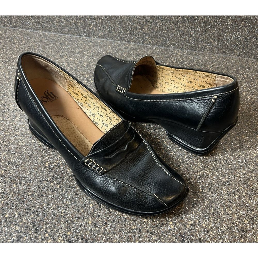 Sofft Black Leather Penny Loafer Pump Womens Sz 10 M Wedge Slip On Comfort Heels